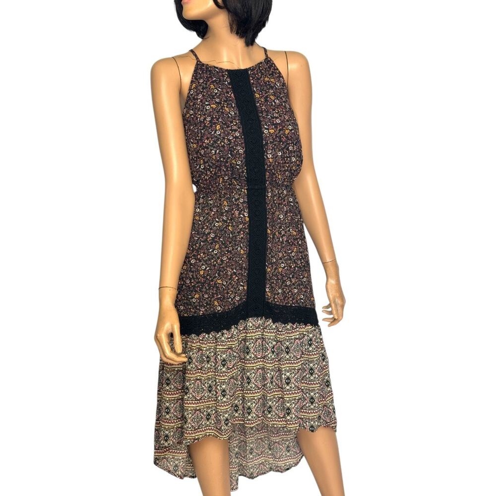 Dark Ditsy Floral Halter Tiered Midi Dress XS Hi Low Lace Trim Boho Whimsigoth